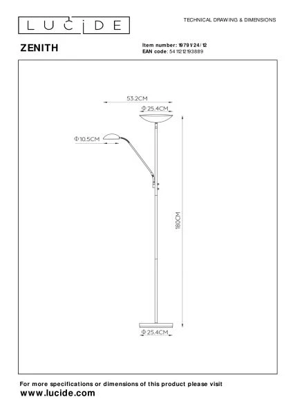 Lucide ZENITH - Lampadaire / lampe de lecture - LED Dim. - 3000K - Chrome Dépoli - technique